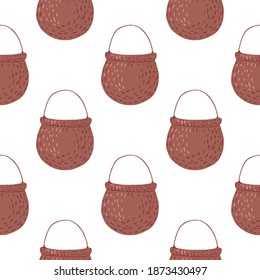 Seamless pattern with witchy pot ornament in brown color. Magic isolated print. Decorative backdrop for fabric design, textile print, wrapping, cover. Vector illustration