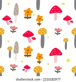 Seamless pattern wite mushrooms and flowers on white background.