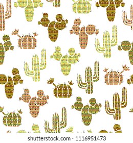 Seamless pattern with, cacti and succulents with tribal ethnic onament . Vector illustration