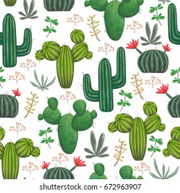 Seamless pattern with, cacti, succulents and floral elements. Vintage vector botanical illustration in watercolor style.