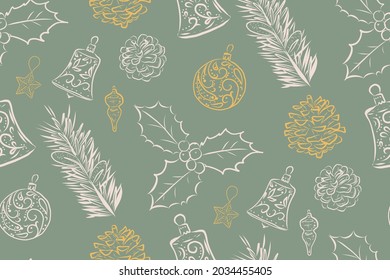 Patrón inmaculado con, decoración navideña, conos de pino y holly. Se puede utilizar para el diseño textil, la ropa, el papel pintado, la bolsa, la decoración.