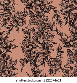 Seamless pattern with: Fox and flowers in the style of tattoo graphics. t-shirt print graphic design. - Vector