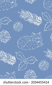 Seamless pattern with, fox, holly  and pine cones. Can be used for textile design, clothes, wallpaper, bag, decoration.