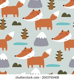 Seamless pattern with, fox, mountain, tree, decor elements. Colorful vector flat for kids. hand drawing. baby design for fabric, print, wrapper, textile