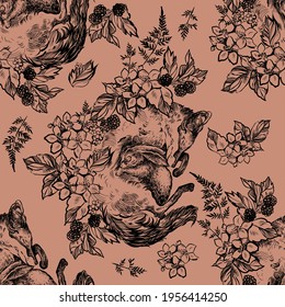 Seamless pattern with: Fox, rabbit, flowers, berries, in the style of tattoo graphics. t-shirt print graphic design. - Vector