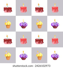 Seamless pattern of with, Happy Birthdays cakes tarts pies muffins, Hand drawn sweet bakery products style on the white background, isolated cartoon desserts, Vector illustration