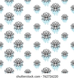 Seamless pattern with: lotus. Hand drawn sketch paisley and mehendi graphic black line decoration items on white background. 