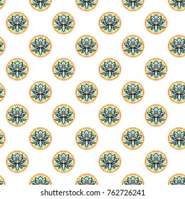 Seamless pattern with: lotus mandala. Hand drawn sketch paisley and mehendi graphic black line decoration items on white background. 