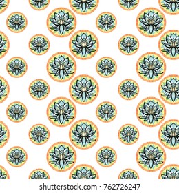 Seamless pattern with: lotus mandala. Hand drawn sketch paisley and mehendi graphic black line decoration items on white background. 