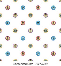 Seamless pattern with: lotus mandala, mandala ganesh, mantra, meditating woman. Hand drawn sketch paisley and mehendi graphic black line decoration items on white background. 