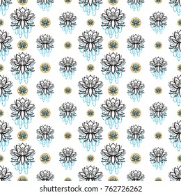 Seamless pattern with: lotus mandala, lotus, ganesh. Hand drawn sketch paisley and mehendi graphic black line decoration items on white background. 