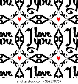 Seamless pattern with- i love you- original custom hand lettering - handmade calligraphy, overlay for romantic photo cards or party invitations for Valentine Day, wedding