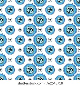 Seamless pattern with: mantra, om, ganesh, lotus. Hand drawn sketch paisley and mehendi graphic black line decoration items on white background. 