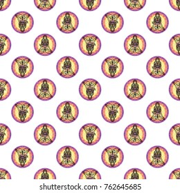 Seamless pattern with: meditating woman. Hand drawn sketch paisley and mehendi graphic black line decoration items on white background. 