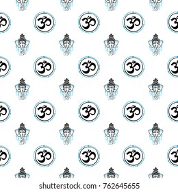 Seamless pattern with: om, ganesh, lotus. Hand drawn sketch paisley and mehendi graphic black line decoration items on white background. 