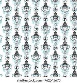 Seamless pattern with: om, ganesh, lotus. Hand drawn sketch paisley and mehendi graphic black line decoration items on white background. 