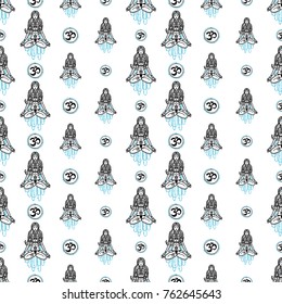 Seamless pattern with: om, woman, ganesh, lotus. Hand drawn sketch paisley and mehendi graphic black line decoration items on white background. 