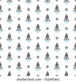 Seamless pattern with: om, woman, ganesh, lotus. Hand drawn sketch paisley and mehendi graphic black line decoration items on white background. 