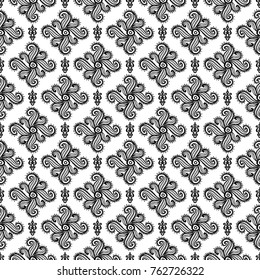 Seamless pattern with: paisley tattoo, paisley print, ganesh, lotus. Hand drawn sketch paisley and mehendi graphic black line decoration items on white background. 