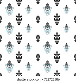 Seamless pattern with: paisley tattoo, ganesh, lotus. Hand drawn sketch paisley and mehendi graphic black line decoration items on white background. 