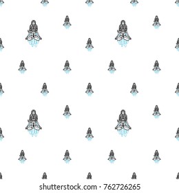 Seamless pattern with: woman. Hand drawn sketch paisley and mehendi graphic black line decoration items on white background. 