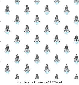 Seamless pattern with: woman. Hand drawn sketch paisley and mehendi graphic black line decoration items on white background. 