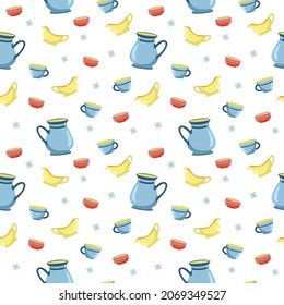 Seamless pattern with, Yellow gravy boat, Red bowl, Blue pitcher in cartoon modern style. Ceramic kitchenware Print for design tablecloth, clothes, pillows.
