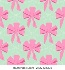 Seamless pattern witha big ribbon on blue background. Cute romantic elements on diagonal grid background