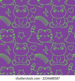 seamless pattern withanimals in kawaii line style. hand drawn vector illustration. Panda bear and tiger EPS