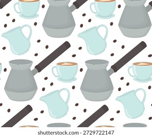 Padrão contínuo com xícara de cappuccino, cezve pot, jarra de creme e grãos de café. Сplano de fundo do tema da loja de café