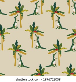 seamless pattern withcartoon crocodile and lady bird, vector design for paper, fabric and other surfzce