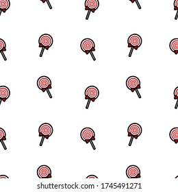 Seamless pattern of a withe and red lollipop candy sweet with bow on a white background. Hand drawing vector doodle icons of the Christmas or birthday element. Repeating backdrop concept.