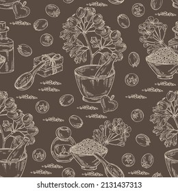 Seamless pattern withhawthorn: hawthorn branch, flowers, berries and bath salt, soap and beauty products. Crataegus berries. Cosmetic, perfumery and medical plant. Vector