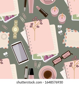 Seamless pattern withl diary on the table. Women's glamorous things. Stylish workplace. Vector flat illustration
