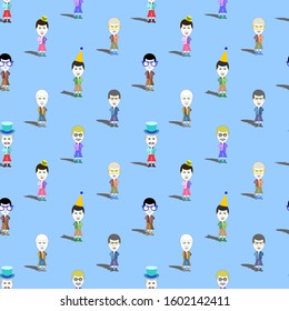 Seamless pattern without a mask. Comically depicted people standing staggered with shadows