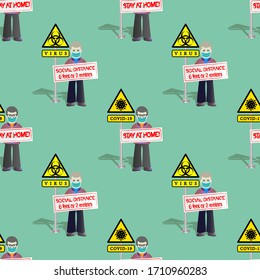 Seamless pattern without mask. A man with glasses and a medical face shield with a poster, stay at home and social distance. Signs virus and covid-19 EPS10