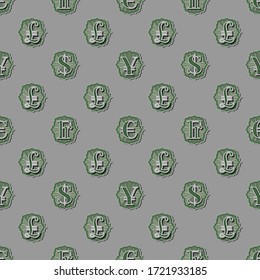 Seamless pattern without a mask. Signs of world currencies, dollar, pound sterling, euro, japanese yen and swiss franc with guilloche figure