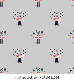 Seamless pattern without a mask. Standing people with posters. Stay at home and social distance 6 feet or 2 meters. Viruses around EPS10