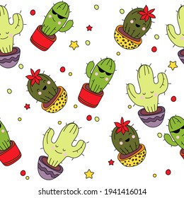 Seamless pattern withs kawai cactuses in pots. Colored bright cartoon pattern. 