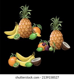 Seamless pattern withSet of tropical fruits such as pineapple, orange, fig, banana etc. Vector
