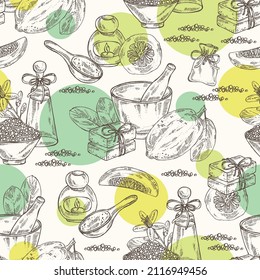 Seamless pattern witht citron: fruts, citron flower, leaves, zedrate slice, bath salt, soap and beauty products.  Cosmetic, perfumery and medical plant. Vector hand drawn