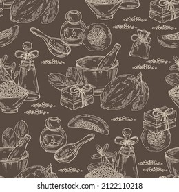 Patrón sin soldadura con citrón: frutas, flores de citrón, hojas, rodajas de zedrate, sal de baño, jabón y productos de belleza.  Cosmética, perfumería y planta médica. Dibujo manual del vector