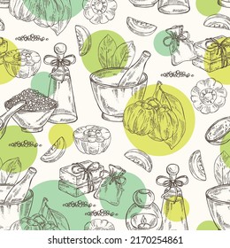 Seamless pattern witht garcinia cambogia: garcinia fruts leaves, bath salt, soap and beauty products.  Cosmetic, perfumery and medical plant. Vector hand drawn