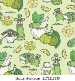 Patrón sin foco con garcinia cambogia: hojas de frutos de garcinia, sal de baño, jabón y productos de belleza.  Cosmética, perfumería y planta médica. Dibujo manual del vector