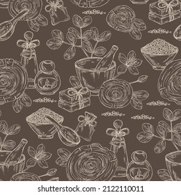 Seamless pattern witht guaiac tree: wood, flower, leaves and  piece of backaut tree, bath salt, soap and beauty products.  Cosmetic, perfumery and medical plant. Vector hand drawn