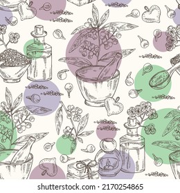Patrón sin mar con litsea cubeba: plantas, flores, bayas de cubeba, sal de baño, jabón y productos de belleza.  Cosmética, perfumería y planta médica. Ilustración dibujada a mano por el vector