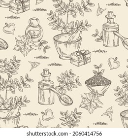 Seamless pattern witht tribulus terrestris: flowers of tribulus terrestris, branch, leaves, and bath salt, soap and beauty products.  Cosmetic, perfumery and medical plant. Vector hand drawn