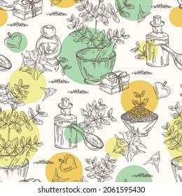 Seamless pattern witht tribulus terrestris: flowers of tribulus terrestris, branch, leaves, and bath salt, soap and beauty products.  Cosmetic, perfumery and medical plant. Vector hand drawn