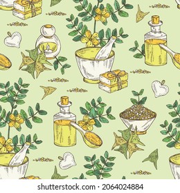 Seamless pattern witht tribulus terrestris: flowers of tribulus terrestris, branch, leaves, and bath salt, soap and beauty products.  Cosmetic, perfumery and medical plant. Vector hand drawn