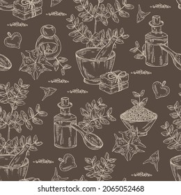 Seamless pattern witht tribulus terrestris: flowers of tribulus terrestris, branch, leaves, and bath salt, soap and beauty products.  Cosmetic, perfumery and medical plant. Vector hand drawn